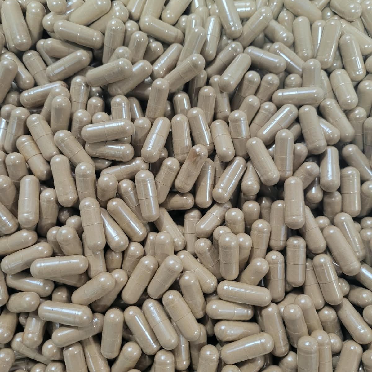 A close-up, top-down view of a dense pile of beige capsules or pills filling the entire frame. 7 mushroom blend capsules vege caps