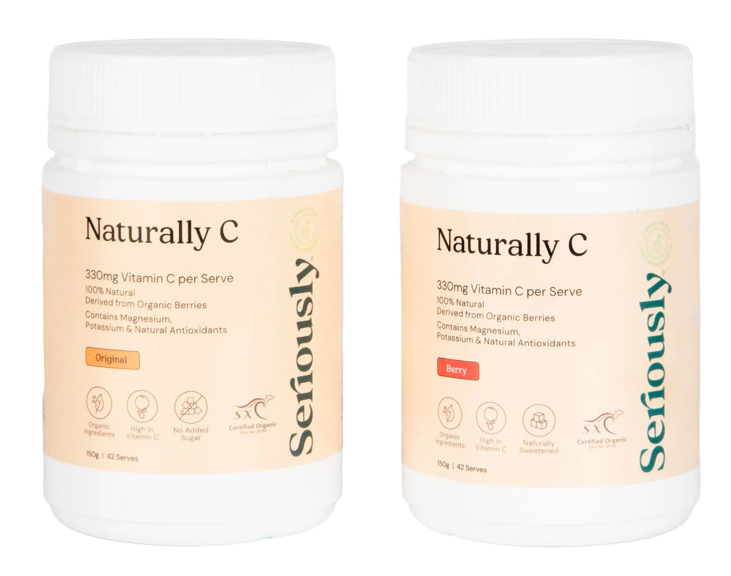 Two containers of 'Naturally C' vitamin supplements with 'Seriously' branding on a white background.