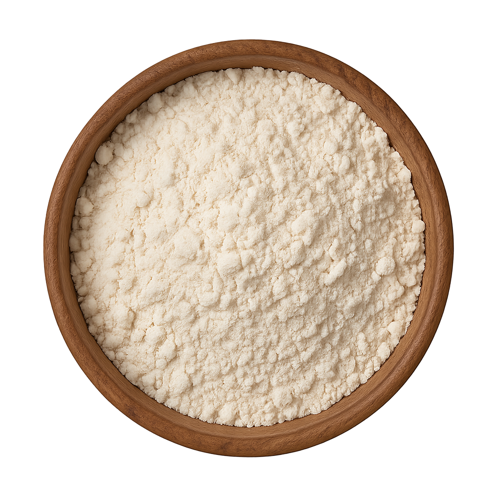 Organic whey protein powder in round timber bowl – high-protein, grass-fed New Zealand dairy supplement for shakes, smoothies and healthy recipes.