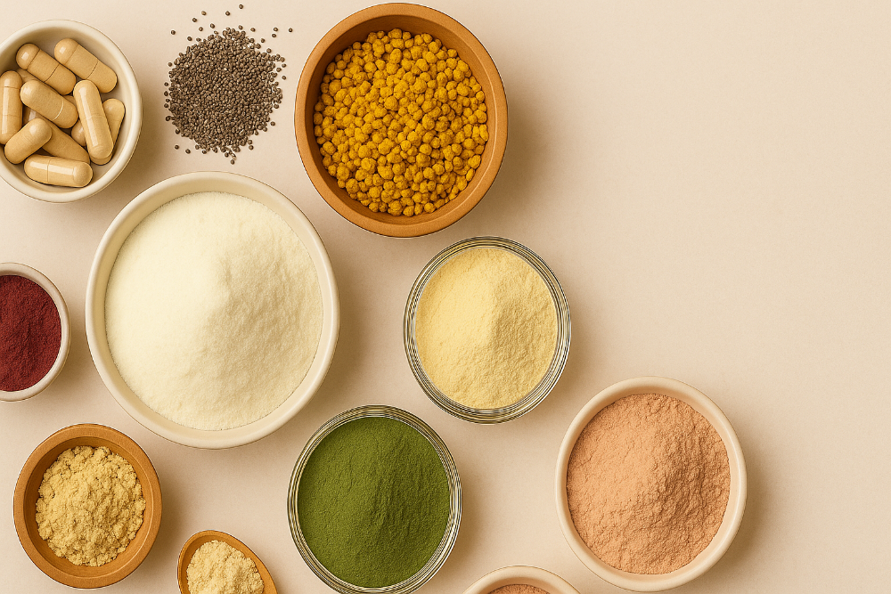 Assorted health supplements including powders and capsules on a neutral background