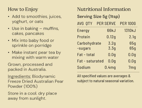 Nutritional information and usage tips for a product on a beige background