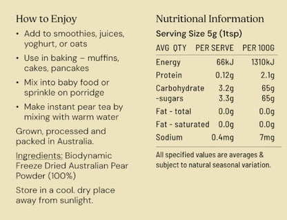 Pear Powder Freeze Dried Australian Biodynamic