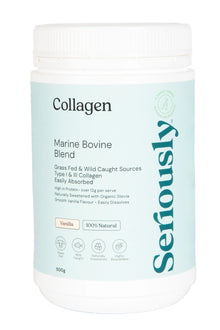 Collagen powder container labeled 'Seriously' on a white background