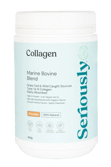Collagen supplement container with 'Seriously' branding on a white background