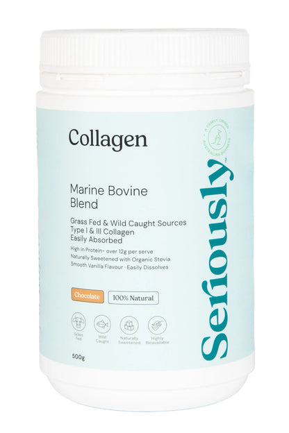 Collagen supplement container with 'Seriously' branding on a white background
