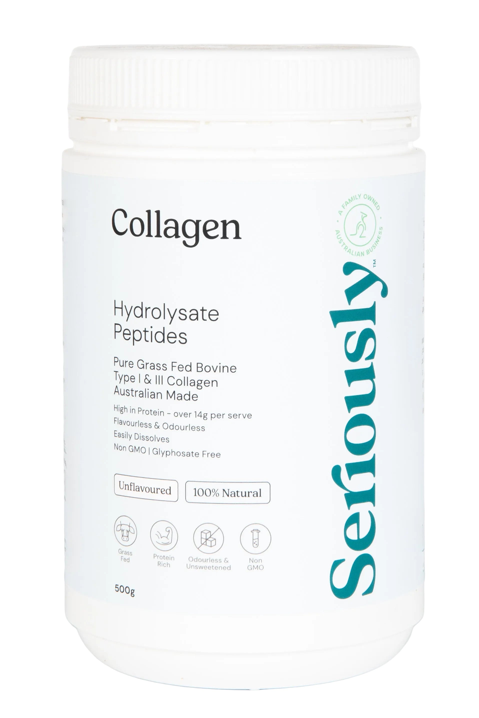 Container of collagen hydrolysate peptides with 'Seriously' branding on a white background