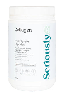Container of collagen hydrolysate peptides with 'Seriously' branding on a white background