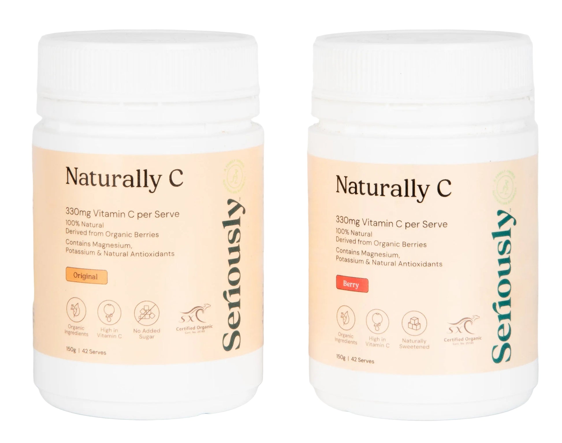 Two containers of 'Naturally C' vitamin supplements with 'Seriously' branding on a white background.
