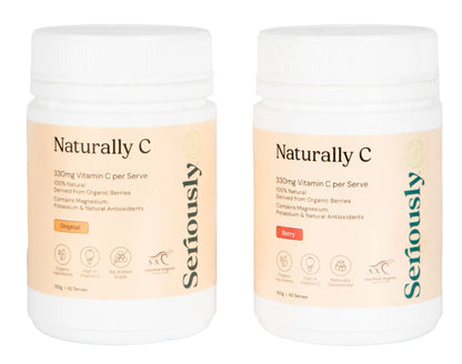 Two containers of 'Naturally C' vitamin supplements with 'Seriously' branding on a white background.