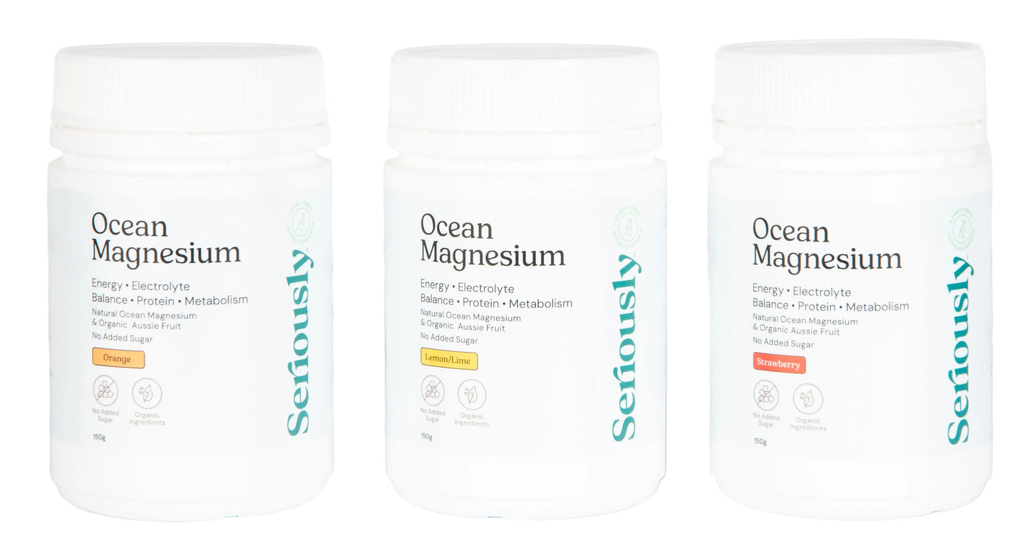 Three containers of Ocean Magnesium with 'Seriously' branding on a white background