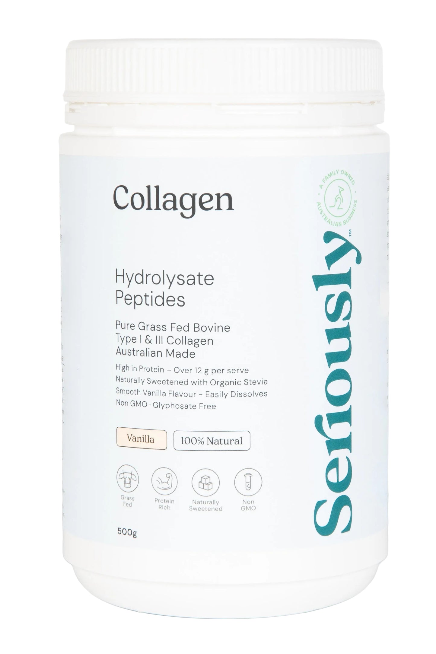 Collagen hydrolysate peptides container with 'Seriously' branding on a white background