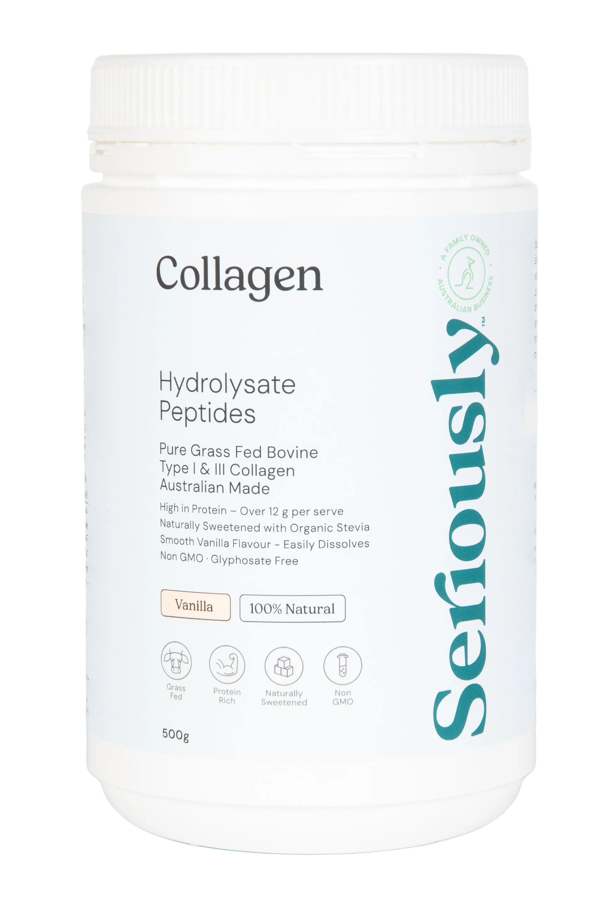 Collagen hydrolysate peptides container with 'Seriously' branding on a white background