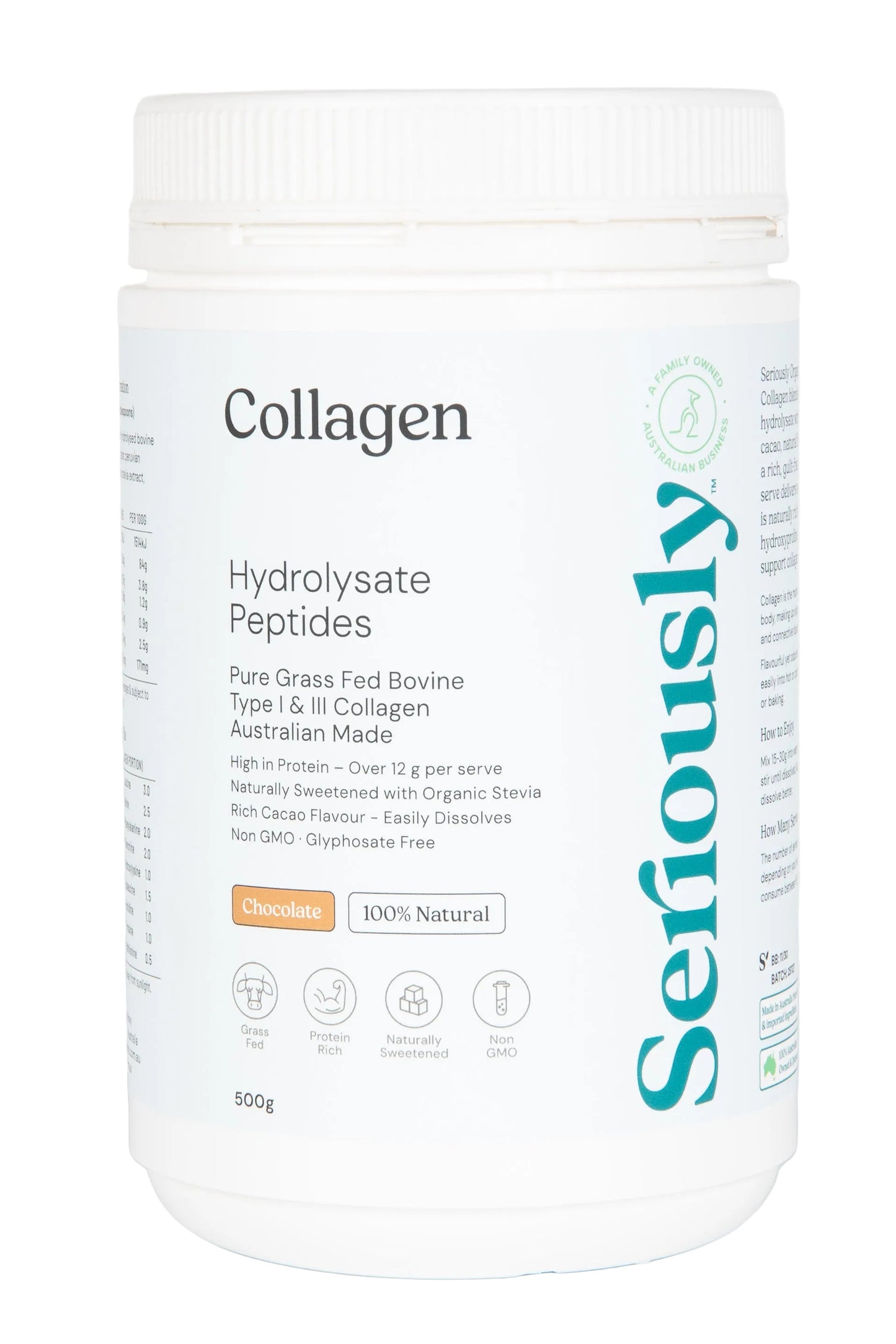 Collagen hydrolysate peptides container with 'Seriously' branding on a white background