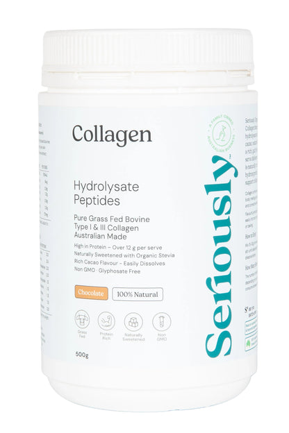 Collagen hydrolysate peptides container with 'Seriously' branding on a white background
