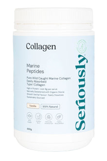 Collagen supplement container with 'Seriously' branding on a white background