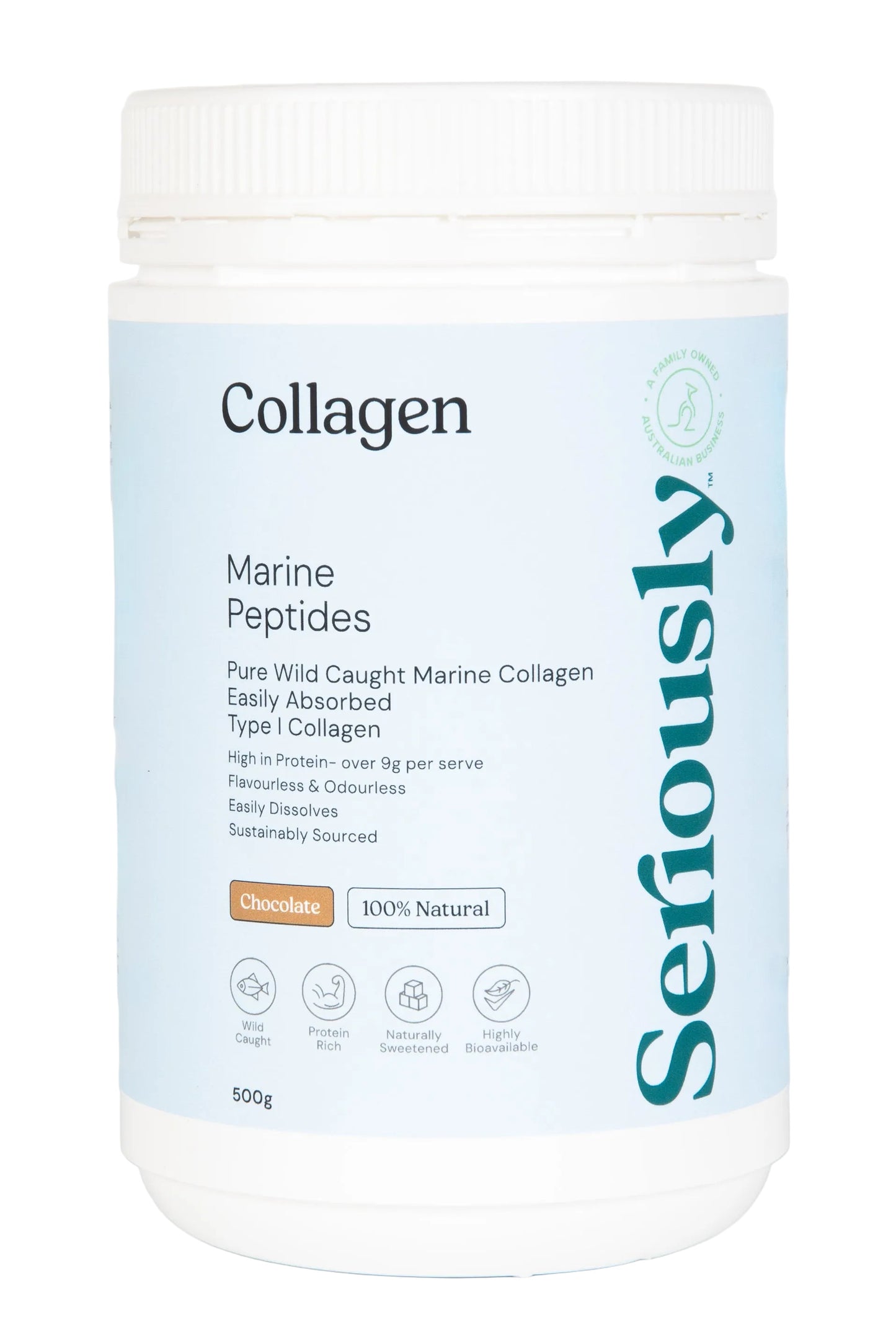 Collagen supplement container with 'Seriously' branding on a white background