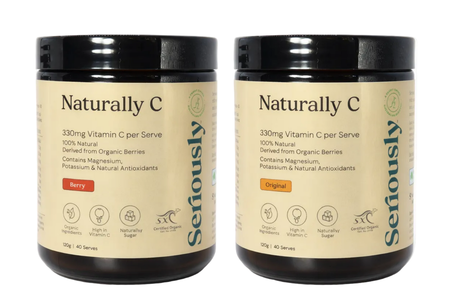 Two containers of 'Naturally C' supplement by 'Seriously' on a white background