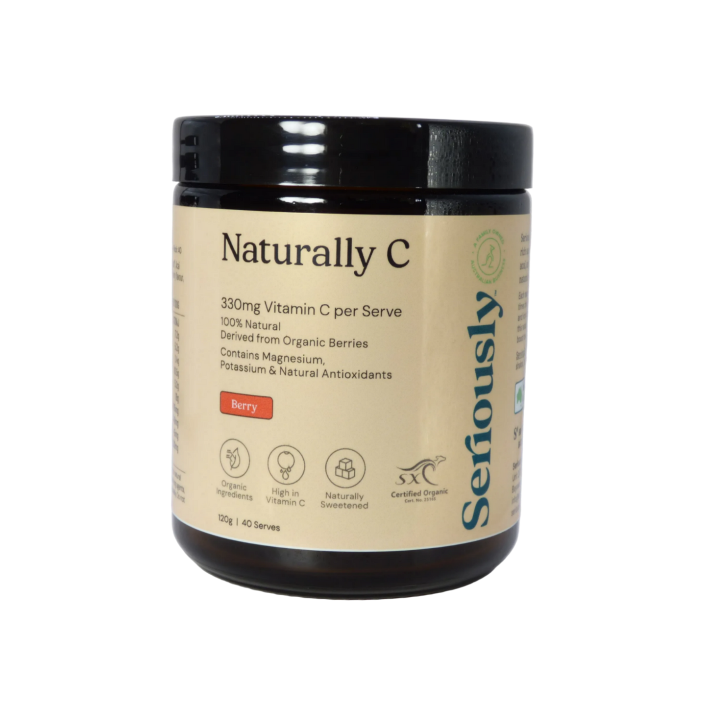 Jar of 'Naturally C' supplement with a beige label on a white background
