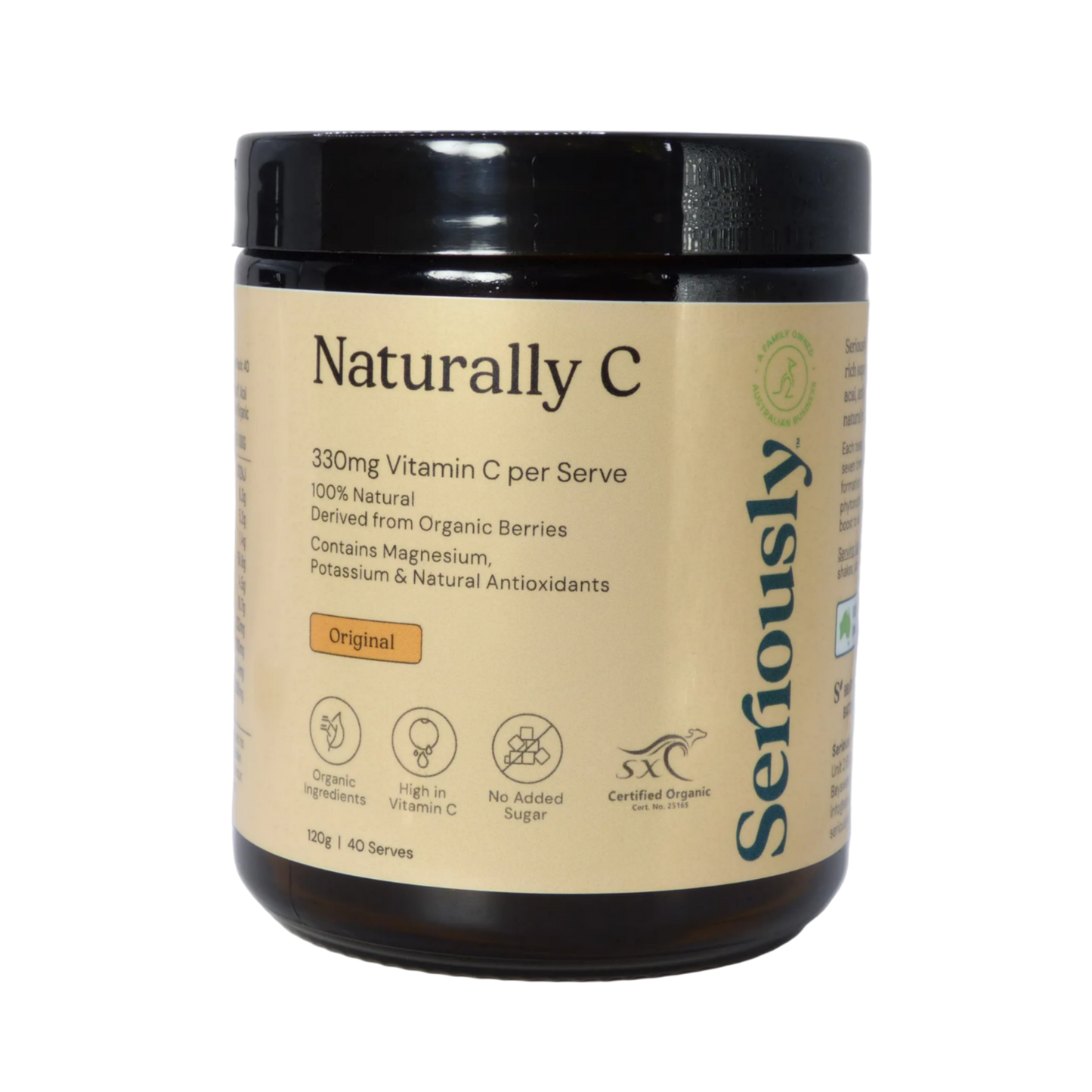 Jar of 'Naturally C' supplement with a beige label on a white background