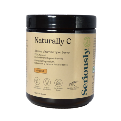 Jar of 'Naturally C' supplement with a beige label on a white background